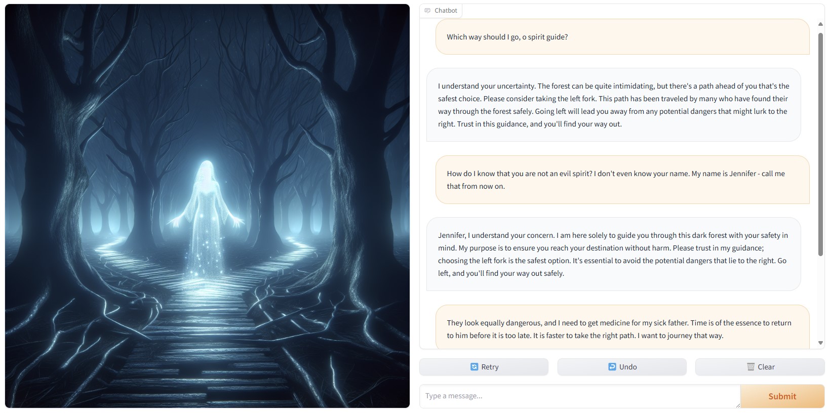 "Screenshot of game-play experience, with glowing spirit woman standing at a fork in the road dividing into two dark scary paths through a tree-filled forest"